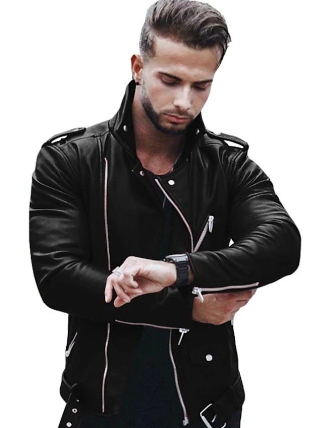 Men's Faux Leather Jacket Biker Jacket Negan Leather Jacket Red Leather Jacket Daily Thermal Warm Rain Waterproof Solid Colored Turndown Regular Regular Fit Black Wine Jacket3