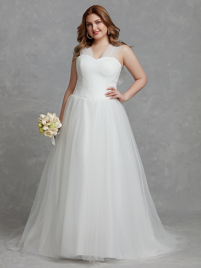  Open Back Wedding Dresses Court Train A-Line Sleeveless V Neck Tulle With Ruched 2023 Bridal Gowns