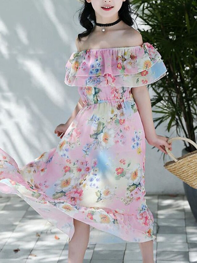  Kids Little Girls' Dress Floral Daily Beach Ruffle Print Blushing Pink Sleeveless Sweet Boho Dresses Summer