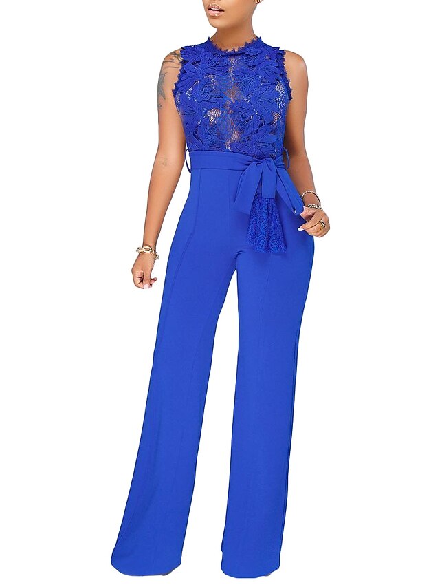  Combinaison-pantalon Femme Garniture en dentelle Couleur Pleine Sans Manches basique Chic de Rue Noir Bleu Vin S M L XL