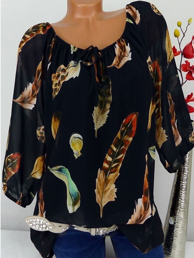  Women's Daily Basic / Tropical Plus Size Blouse - Floral / Print / Feathers Lace up / Fashion / Print Yellow / Spring / Fall