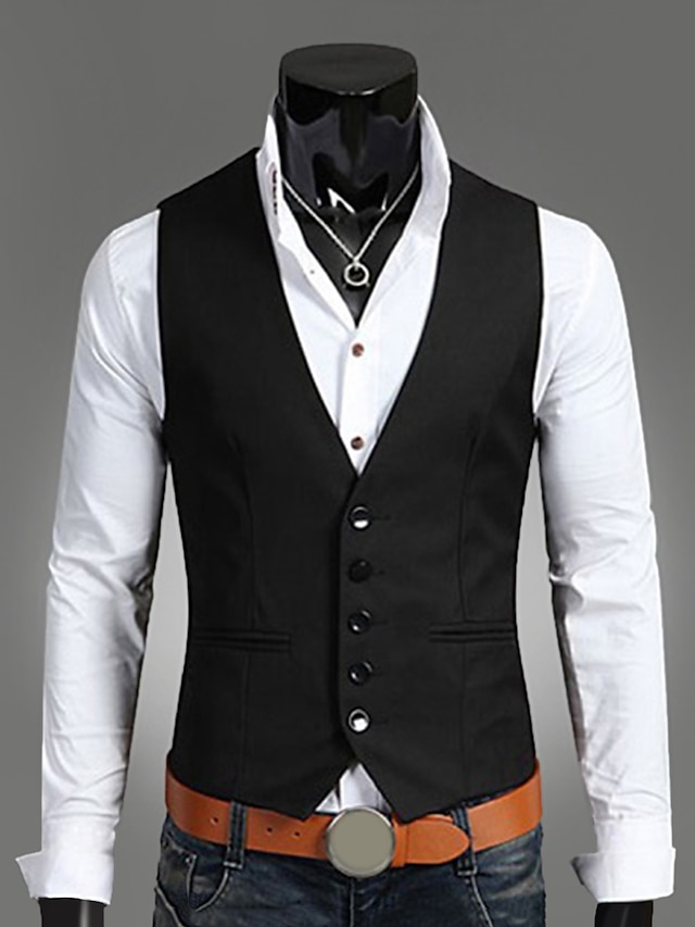 Men's Vest Waistcoat Wedding Work 1920s Smart Casual Polyester Solid ...