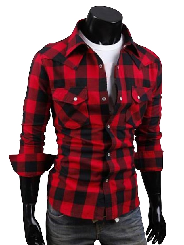  Men's Shirt Plaid / Check Classic Collar Black Red Long Sleeve Daily Weekend Slim Tops Streetwear / Summer / Spring / Summer