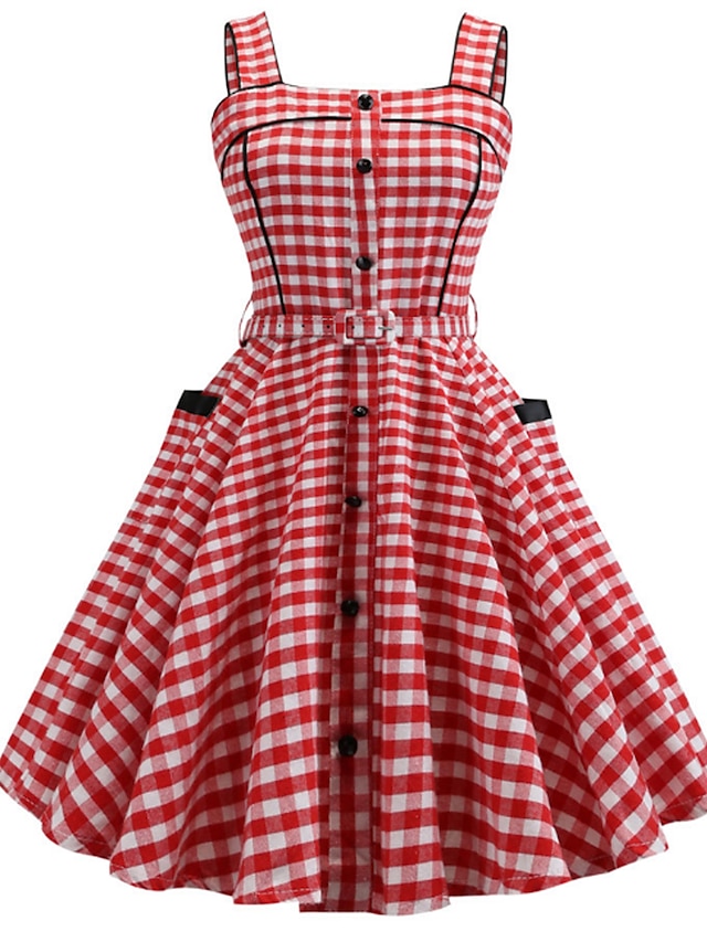  Women's Sheath Dress Sleeveless Plaid Spring Summer Strap Basic Party Cotton Slim Red S M L XL / Mini