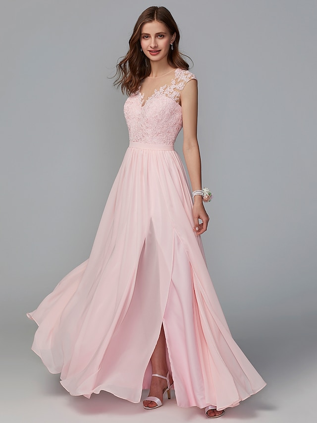  A-Line Illusion Neck Floor Length Chiffon / Lace Bridesmaid Dress with Lace / Sash / Ribbon / Split Front