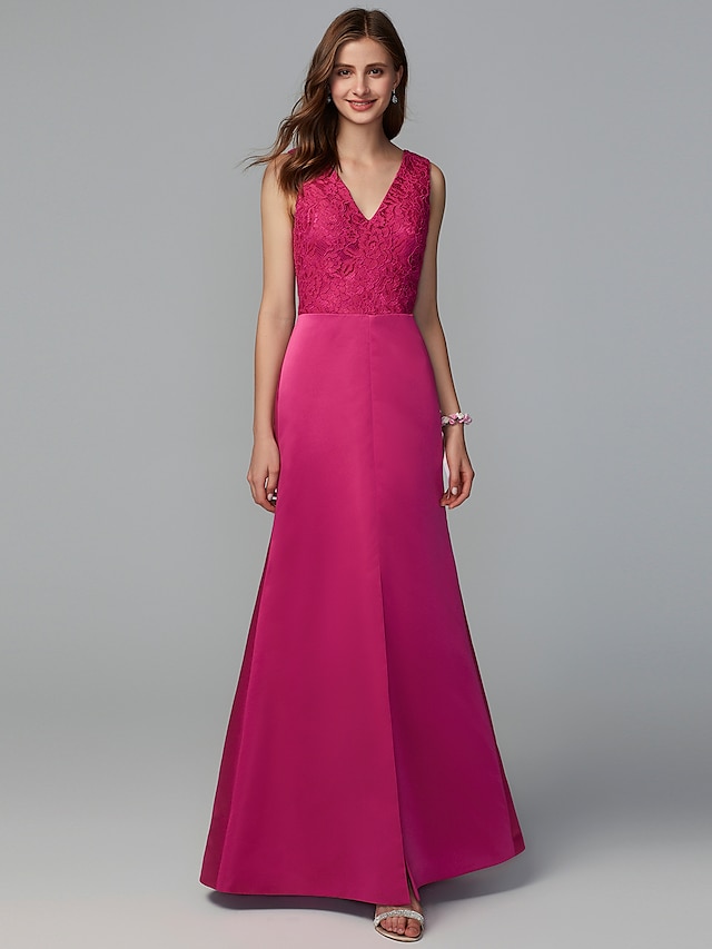  A-Line V Neck Floor Length Lace / Taffeta Bridesmaid Dress with Lace