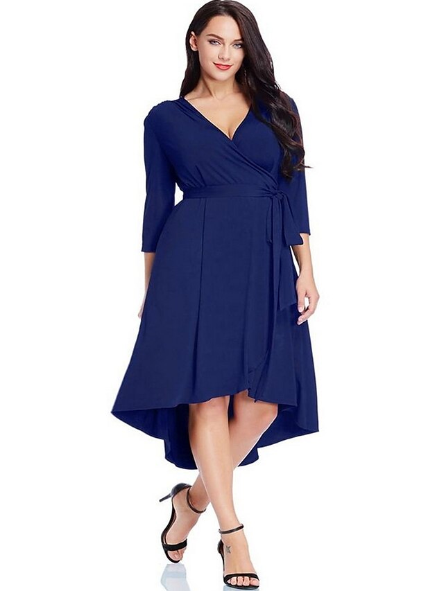  Women's Plus Size Asymmetrical Sheath Dress - 3/4 Length Sleeve Solid Colored Deep V Elegant Daily Black Blue L XL XXL XXXL XXXXL XXXXXL / Super Sexy