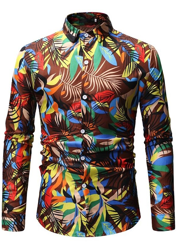  Men's Shirt Floral Print Long Sleeve Daily Tops Cotton Basic White Blue Brown