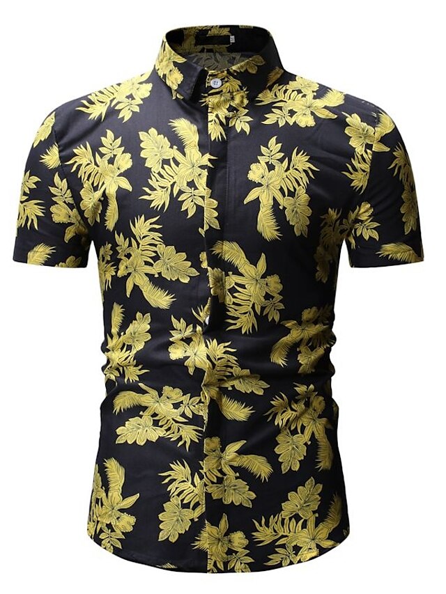  Men's Daily Beach Basic Cotton Shirt - Floral / Color Block / Graphic Print Blue / Short Sleeve