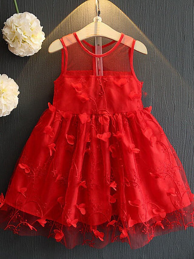  Kids Girls' Sweet Street chic Daily Going out Patchwork Solid Colored Mesh Patchwork Sleeveless Dress Red