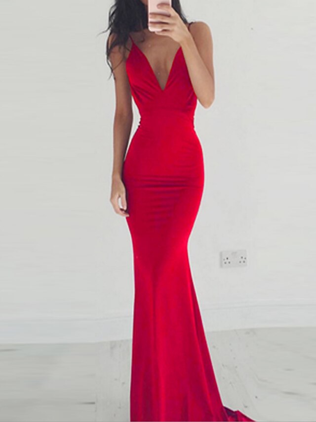  Women's Trumpet / Mermaid Dress Maxi long Dress - Sleeveless Solid Colored Backless Deep V Spring Summer Deep V Sexy Party Cocktail Party Prom Wine Black Red S M L XL