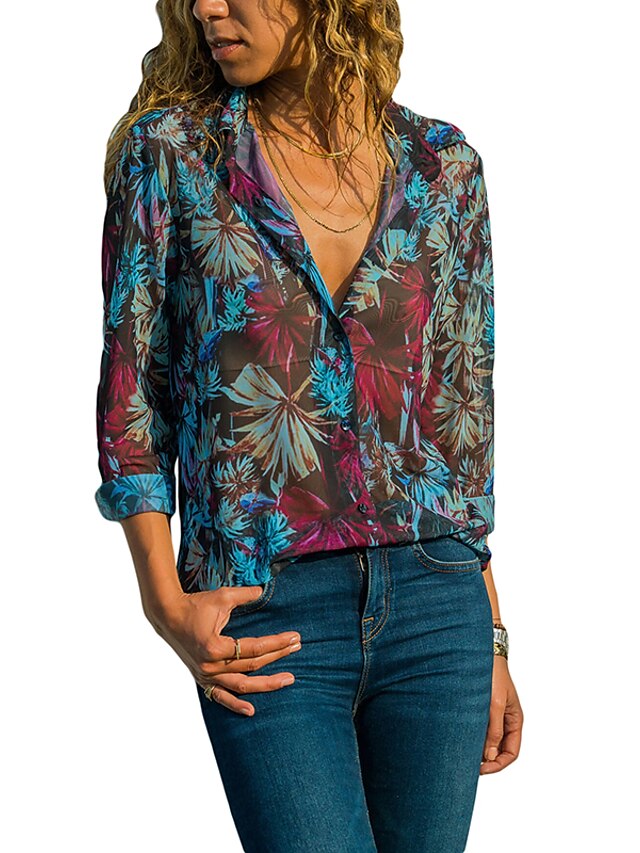  Dames Geometrisch Print Skinny Overhemd Standaard Dagelijks Overhemdkraag blauw / Regenboog / Sexy