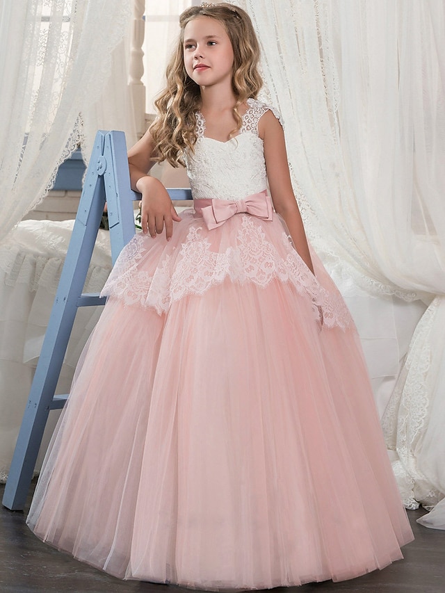  Princess Floor Length Flower Girl Dress Pageant & Performance Cute Prom Dress Lace with Bow(s) Fit 3-16 Years