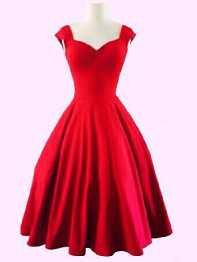  Women's Plus Size Red Black Dress Vintage Summer Party A Line Solid Colored Sweetheart Neckline Black M L / Cotton