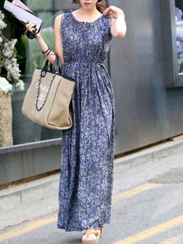  Women's Daily Elegant Maxi Sheath Dress - Floral Print Blue S M L XL / Sexy