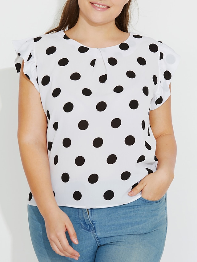  Women's Blouse Polka Dot Round Neck White Black Green Khaki Navy Blue Short Sleeve Plus Size Daily Weekend Print Tops / Summer / Butterfly Sleeves