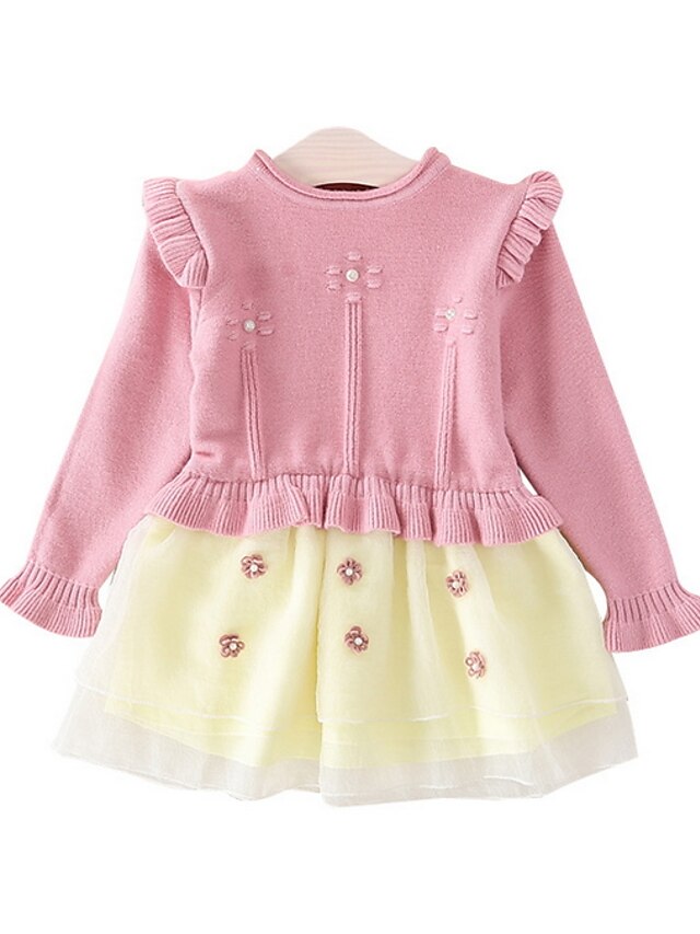  Μωρό Κοριτσίστικα Ενεργό Μονόχρωμο Μακρυμάνικο Φόρεμα Ανθισμένο Ροζ / Νήπιο
