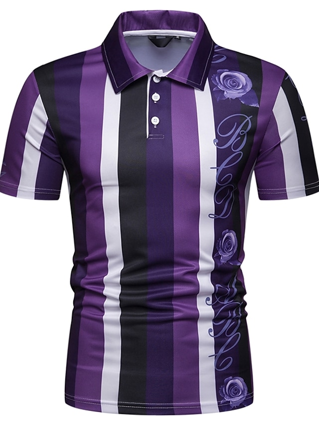  Men's Polo Striped Short Sleeve Party Tops Exaggerated Purple Orange