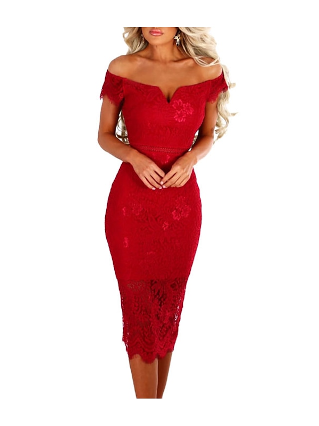  Women's Bodycon Dress - Short Sleeve Solid Colored Lace Off Shoulder Spring Summer Off Shoulder Sexy Cocktail Party Birthday Belt Not Included Red Camel Royal Blue S M L XL