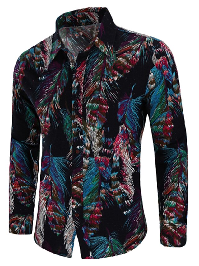  Men's Shirt Tribal Floral Plus Size Print Long Sleeve Going out Tops Vintage Boho Wine Black Blue