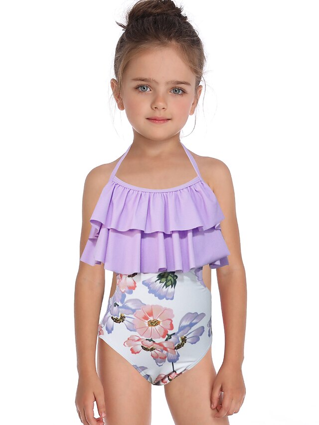  Infantil Bébé Para Meninas Roupa de Banho roupa de banho Frufru Estampado Roupa de Banho Floral Sem Manga Lavanda Esportes Praia Básico Estilo bonito Fatos de banho