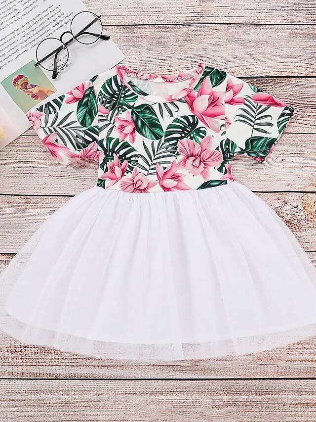  Baby Girls' Active Basic Floral Short Sleeve Dress White / Toddler