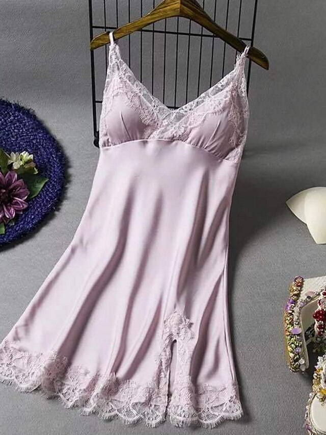  Women's 1 PCS Pajamas Nightgown Nighty Satin Simple Casual Pure Color Polyester Home Christmas Party V Neck Gift Sleeveless Lace Spring Summer White Black