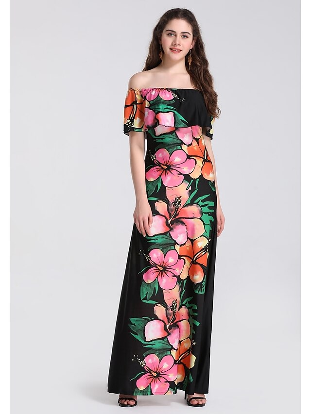  Women's Daily Weekend Basic Elegant Maxi Skinny Swing Dress - Floral Print High Waist Off Shoulder Spring Black S M L XL