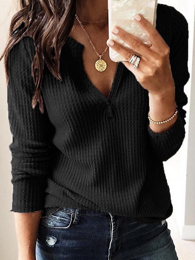 Women's Blouse Shirt Plain Solid Colored V Neck Streetwear Tops Wine Black Gray