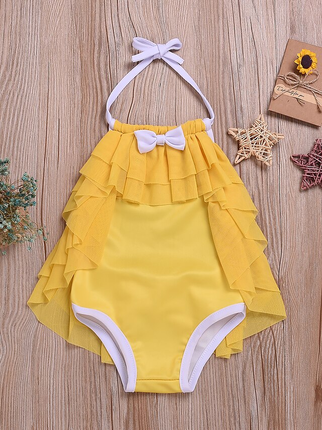  Kids Girls' Active Cute Solid Colored Backless Lace up Sleeveless Swimwear Yellow