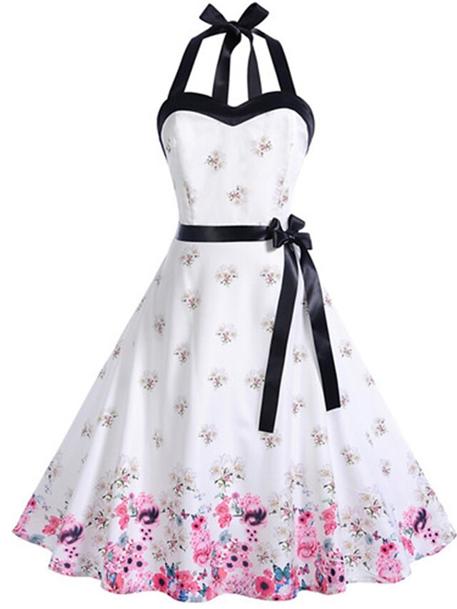  Women's Vintage Slim Swing Dress Print Halter Neck White S M L XL