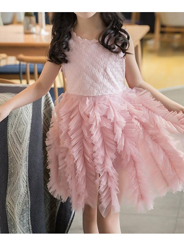  Κορίτσια » Αμάνικο Μονόχρωμο Τρισδιάστατα τυπωμένα γραφικά Φορέματα Ενεργό Γλυκός Βαμβάκι Πολυεστέρας Φόρεμα Dusty Rose Παιδιά Νήπιο Δαντέλα Πολυεπίπεδο