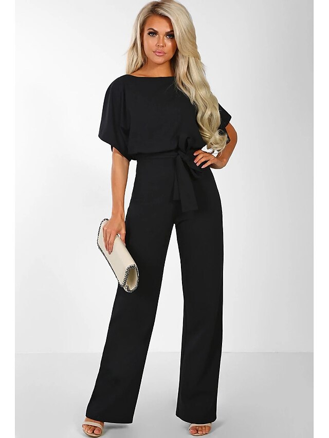 Women's Jumpsuit Belted Round Neck Basic Daily Straight Regular Fit ...