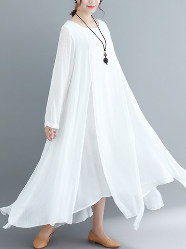  Dámské Čínské vzory Elegantní Volné Swing Šaty - Jednobarevné, Vícevrstvé Asymetrické
