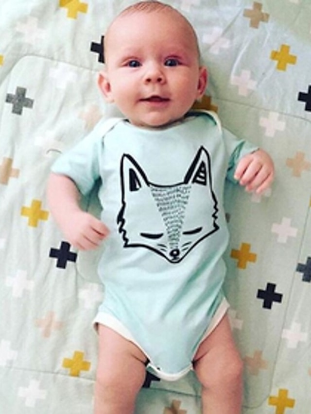  Baby Jungen Aktiv Grundlegend Baumwolle Druck Geometrisch Stilvoll Tiermuster Print Kurze Ärmel Body Leicht Blau