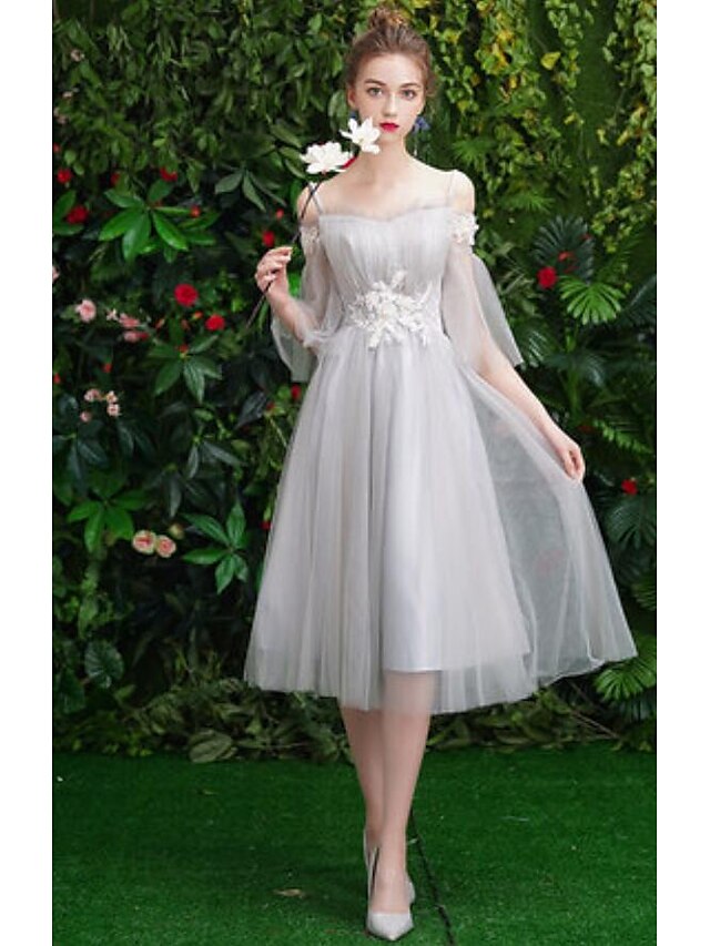  Sheath / Column Off Shoulder Medium Length Tulle Bridesmaid Dress with Pleats
