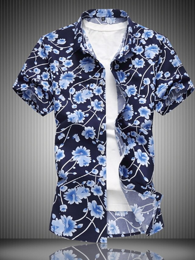 Men's Plus Size Floral Print Shirt Classic Collar Blue / Yellow / Short ...