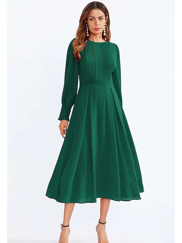 Women's Swing Dress Pleated Green Red Purple M L XL 2023 - US $23.99