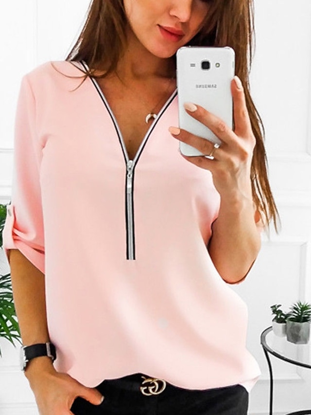  Women's Shirt Blouse White Pink Red Solid Colored Quarter Zip Half Sleeve V Neck Plus Size S
