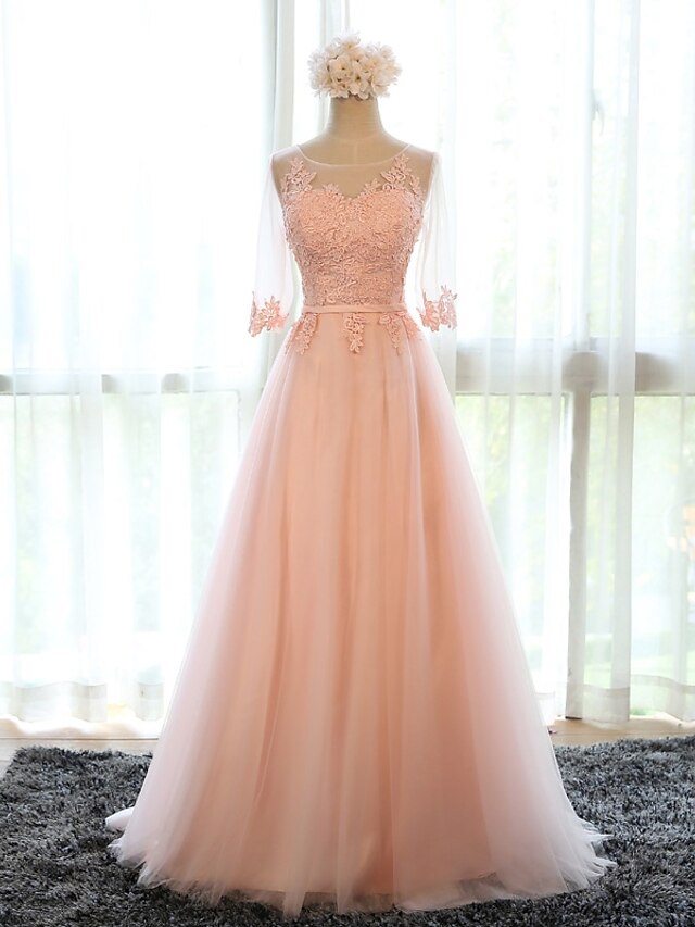  A-Line Floral Pink Prom Formal Evening Dress Illusion Neck Half Sleeve Sweep / Brush Train Tulle with Appliques 2020