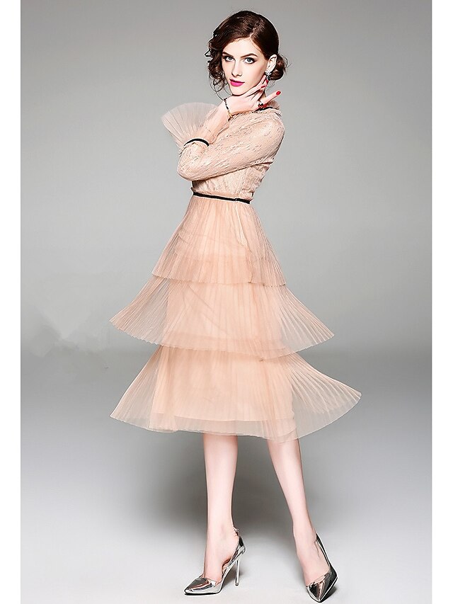  Casual Dress A-Line Jewel Neck Tea Length Tulle Dress with Lace Insert by LAN TING Express