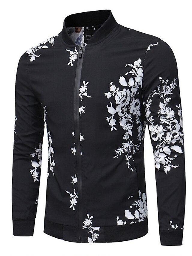  Men's Daily Regular Jacket, Geometric Round Neck Long Sleeve Polyester Black / Slim