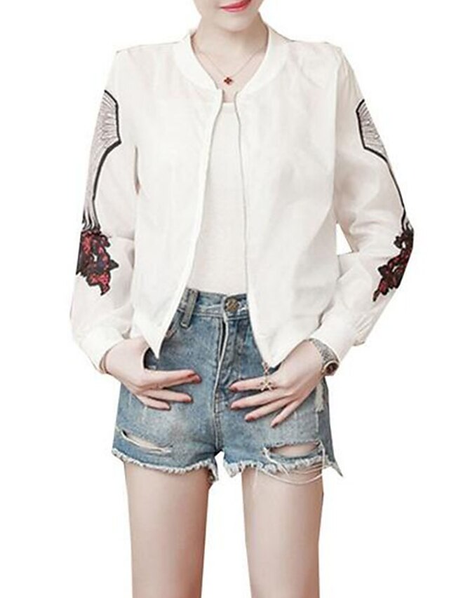  Women's Beach Basic Summer Short Jacket, Geometric Stand Long Sleeve Polyester Patchwork White / Slim