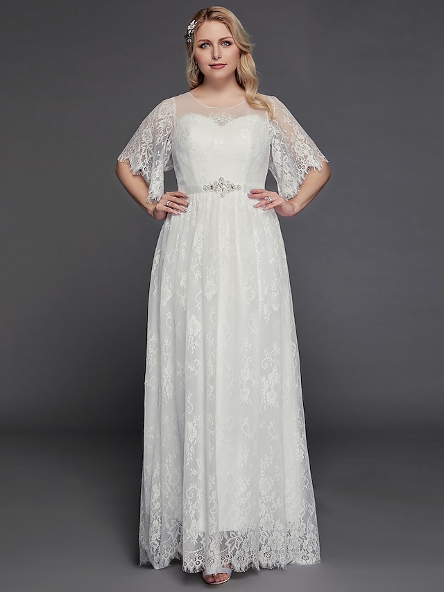  Hall Boho Wedding Dresses Floor Length A-Line Half Sleeve Illusion Neck Lace With Beading 2023 Bridal Gowns