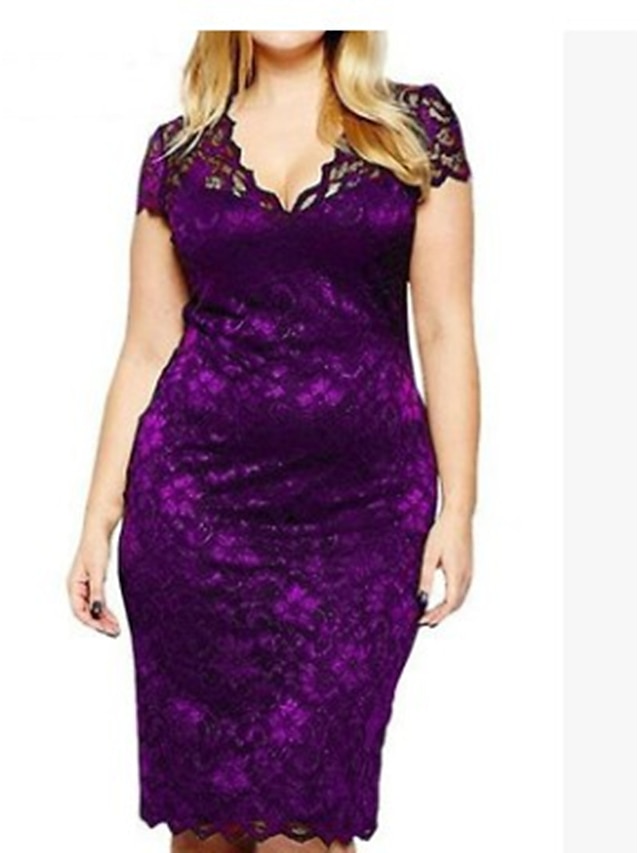  Women's Lace Plus Size Purple Dress Sophisticated Summer Going out Bodycon Lace Solid Colored V Neck L XL Slim