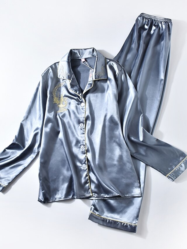  Women's Silk Shirt Collar Satin & Silk / Suits Pajamas - Print, Embroidered
