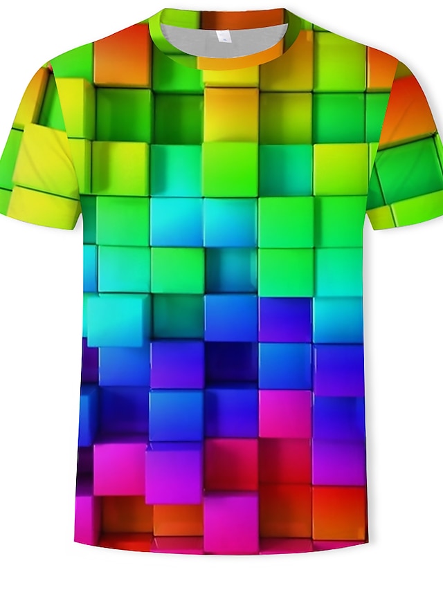  Men's T shirt Tee Graphic Geometric 3D Round Neck Purple Green Rainbow Casual Daily Short Sleeve Print Clothing Apparel