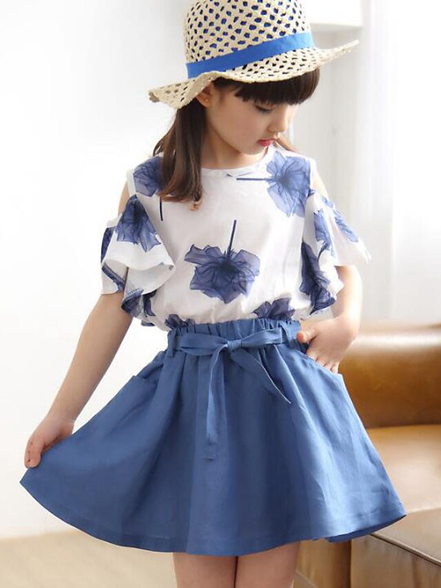  子供 女の子 アンサンブル 半袖 ブルー グリーン ルビーレッド プリント プリント 活発的 ストリートファッション レギュラー