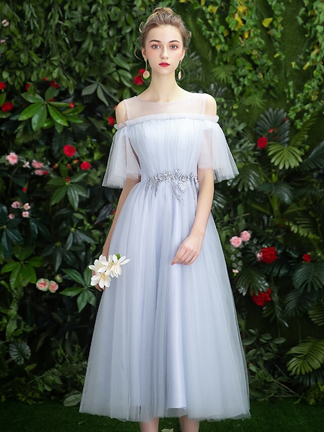  A-Line Illusion Neck Tea Length Tulle Bridesmaid Dress with Appliques by LAN TING Express / Butterfly Sleeve