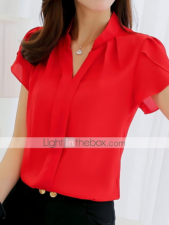  Per donna Camicia Blusa Bianco Rosa Rosso Liscio Manica corta Ufficio Informale Essenziale Elegante A V Standard Taglia piccola S